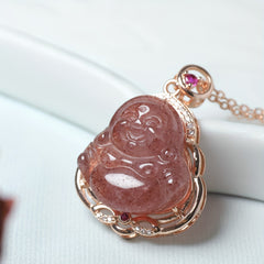 Natural Strawberry Crystal Laughing Buddha Pendant Necklace for Love, Abundance, and Positive Energy