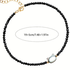 Delicate Adjustable Cat Charm Bracelet - Black & Pearl White Crystals for Spiritual Energy