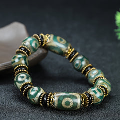 Tibetan Three-Eyed Dzi Agate Bracelet for Protection, Wealth, and Spiritual Clarity