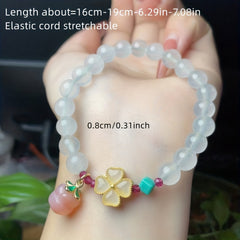 White Agate Energy Bracelet with Lucky Clover & Peach Blossom Pendant – Harmony, Protection & Spiritual Growth