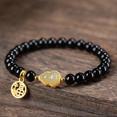 Obsidian Gourd Bracelet - Gold Accents for Wealth & Longevity with Spiritual Protection