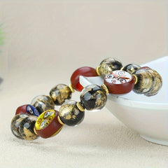 Incense Ash Glaze Zodiac Bracelet with Five-Way God of Wealth for Prosperity & Protection
