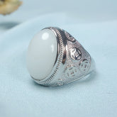 High-Quality Natural Stone Inlay Ring - White Goose Egg Face Couple Ring for Beach Parties & Holiday Gifts