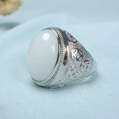 High-Quality Natural Stone Inlay Ring - White Goose Egg Face Couple Ring for Beach Parties & Holiday Gifts