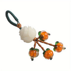 Lucky Persimmon Lotus Keychain – Energizing Orange Glass Persimmons with White Lotus, Heart Charm – Harmonious Luck & Prosperity