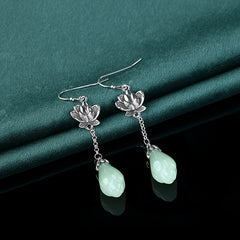 Elegant Lotus Flower Earrings - Silver Tone with Light Green Teardrop for Harmonious Energy