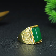 Vintage Gold & Green Agate Men's Ring Tree of Life Design, Grounding & Vitality