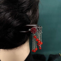 Elegant Chinese Hairpin - Vintage Asian Hair Stick with Red Tassels & Floral Accent