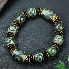 Tibetan Three-Eyed Dzi Agate Bracelet for Protection, Wealth, and Spiritual Clarity