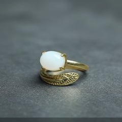 Elegant Adjustable Natural Stone Ring with Feather Detail for Balance & Vitality