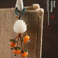 Lucky Persimmon Lotus Keychain – Energizing Orange Glass Persimmons with White Lotus, Heart Charm – Harmonious Luck & Prosperity