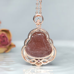 Natural Strawberry Crystal Laughing Buddha Pendant Necklace for Love, Abundance, and Positive Energy