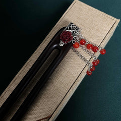 Elegant Chinese Hairpin - Vintage Asian Hair Stick with Red Tassels & Floral Accent