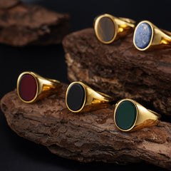 Handmade 18K Gold-Plated 316L Stainless Steel Elliptical Ring with Natural Stones Spiritual Energy & Classic Style