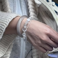 1pc Moon Bell Pendant Bracelet - Bohemian Style with White Glass Beads & Silver Chain for Spiritual Energy & Mindful Living