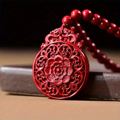 Men's Cinnabar Necklace with Eight Treasures Lotus Pendant for Protection, Luck & Spiritual Balance