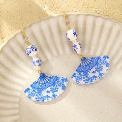 Vintage Blue & White Porcelain Fan Earrings - 925 Silver Posts for Harmony & Casual Elegance