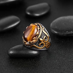 Oval Shape Tiger Eye Stone Carved Copper Ring - Enhance Your Energy with Natural Healing Properties