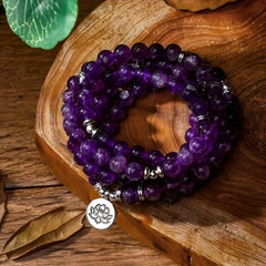 108 Bead Amethyst Mara Bracelet – Bohemian Style Purple Stone with Lotus Charm for Spiritual Balance