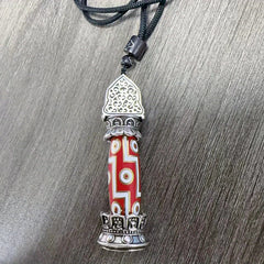 Authentic Tibetan Buddhist Nine-Eye Dzi Bead Pendant - Red & Golden Spiritual Jewelry with Buddhist Mantra