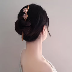 Elegant Vintage Mahogany Blossom Hairpin - Chinese Style Floral Hair Clip with Pink Blossoms & Green Leaves for Weddings & Daily Use