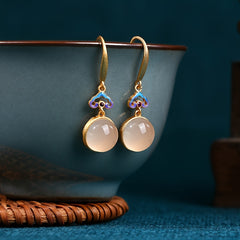 Vintage Chinese 24K Golden Plated Pink Glass Dangle Earrings for Harmony Energy