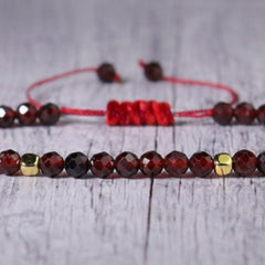 Women's Minimalist Braided Bracelet - Natural Garnet Stone Jewelry with Red Accent