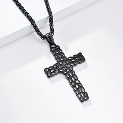"Retro Pebble Titanium Steel Cross Necklace — Spiritual Protection & Inner Strength