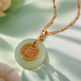 Elegant Vintage Green Artificial "Fu" Character Pendant Necklace - Golden-Tone Chain for Peace & Good Fortune