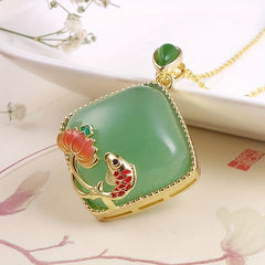 Elegant Natural Stone Pendant - Fish & Lotus Pond Design for Spiritual Harmony
