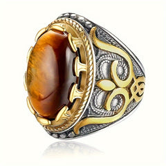Oval Shape Tiger Eye Stone Carved Copper Ring - Enhance Your Energy with Natural Healing Properties