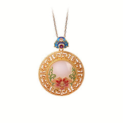 Golden Lotus Pendant Necklace | Spiritual Energy & Vintage Craft with Hand-Painted Jade Accents