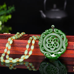 Natural Stone Necklace Pendant - Enhance Your Energy with Antique Dragon & Phoenix Design in Spinach Green