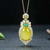 Elegant Retro Oval Chicken Oil Yellow Jade Necklace with Cubic Zirconia - Grounding Energy & Vintage Charm for Casual & Formal Wear