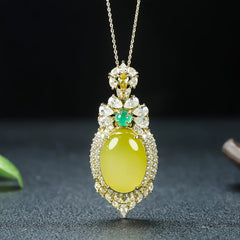 Elegant Retro Oval Chicken Oil Yellow Jade Necklace with Cubic Zirconia - Grounding Energy & Vintage Charm for Casual & Formal Wear