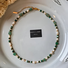 1pc Elegant Faux Pearl & Malachite Beaded Necklace - Green & White Freshwater Pearl Jewelry with Golden-Tone Accents for Spring-Autumn Fashion Accessories