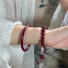 Vintage Chinese Lion Beaded Bracelet - Bohemian Style with Red & Clear Beads for Harmony & Prosperity