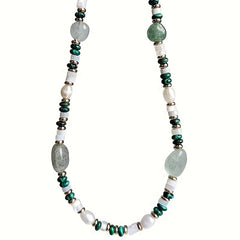 1pc Elegant Faux Pearl & Malachite Beaded Necklace - Green & White Freshwater Pearl Jewelry with Golden-Tone Accents for Spring-Autumn Fashion Accessories
