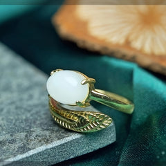 Elegant Adjustable Natural Stone Ring with Feather Detail for Balance & Vitality