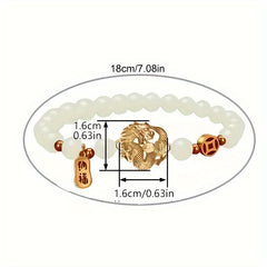 1pc Red and White Boho 8mm Crystal Stone Dragon Bracelet - Men and Women Jewelry Gift for Spiritual Energy and Good Fortune