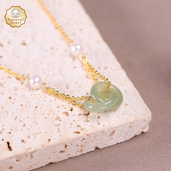 Natural Stone Necklace - Green Freshwater Pearls & Interlocking Rings for Harmony & Protection