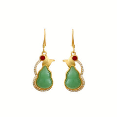 Golden Gourd-Shaped Earrings with Green Stone - Harmonious Energy for Special Occasions
