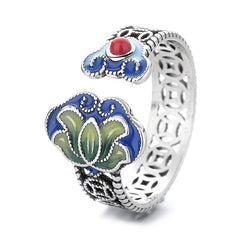 Vintage Bohemian Lotus Flower Ring for Women - Blue/Green/Red Floral Design with Energy Healing & Spiritual Protection