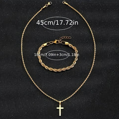 Minimalist Cross Charm Necklace & Bracelet Set - Hypoallergenic Stainless Steel Jewelry for Spiritual Protection