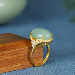 Vintage Style Oval Green Aventurine Open Ring | Gold-Plated Adjustable Gemstone Jewelry for Harmony & Abundance