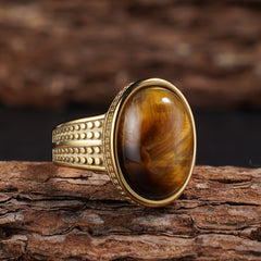 Vintage-Inspired 316L Stainless Steel Elliptical Ring with Tiger's Eye & Turquoise | Spiritual Energy & Classic Style