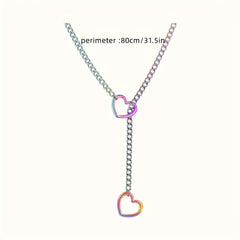 Women's Heart-Shaped Pendant Necklace - Silver Chain with Rainbow Gradient & Dual Heart Design for Emotional Balance & Spiritual Harmony