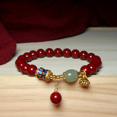 Cinnabar Ethnic Pendant Bracelet - Red & Green Bead Accents for Wealth Attraction & Blood Purification
