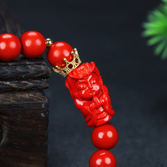 Red Cinnabar Beaded Bracelet with Emperor Dragon Charm for Protection & Prosperity