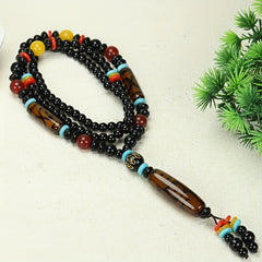 Tibetan Black Agate Necklace with Green Dzi Bead for Protection, Wealth, and Spiritual Balance
